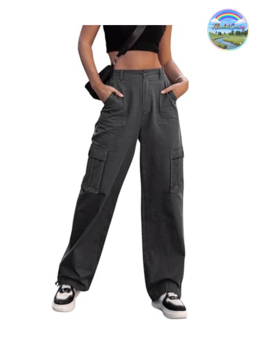 Women High Waisted Cargo Pants Wide Leg Casual 97% Cotton 3% Spandex